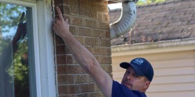 Man inspecting brick wall near window.