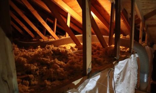 Attic with insulation and exposed wooden beams.